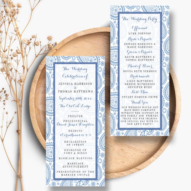 Panfleto Programa Modern Blue Paisley Wedding (Criador carregado)