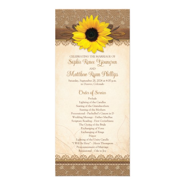 Panfleto Programa Rustic Burlap Lace Wood Sunflower Wedse (Frente)