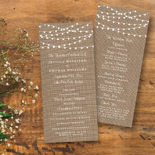 Panfleto Programa Rustic Burlap String Lights Casamento
