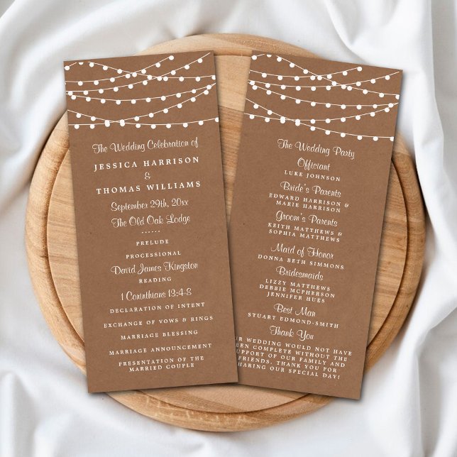 Panfleto Programa Rustic Kraft String Lights Casamento (Criador carregado)
