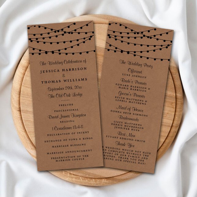 Panfleto Programa Rustic Kraft String Lights Casamento (Criador carregado)