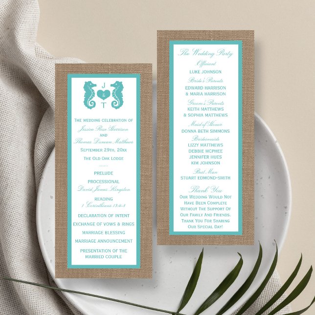 Panfleto Programa Turquoise Seacavalo Burlap Beach Weding P (Criador carregado)