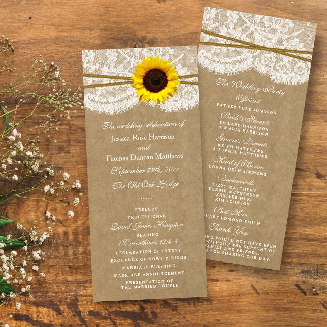 Panfleto Programas de Casamento Kraft, Lace & Sunflower (Criador carregado)