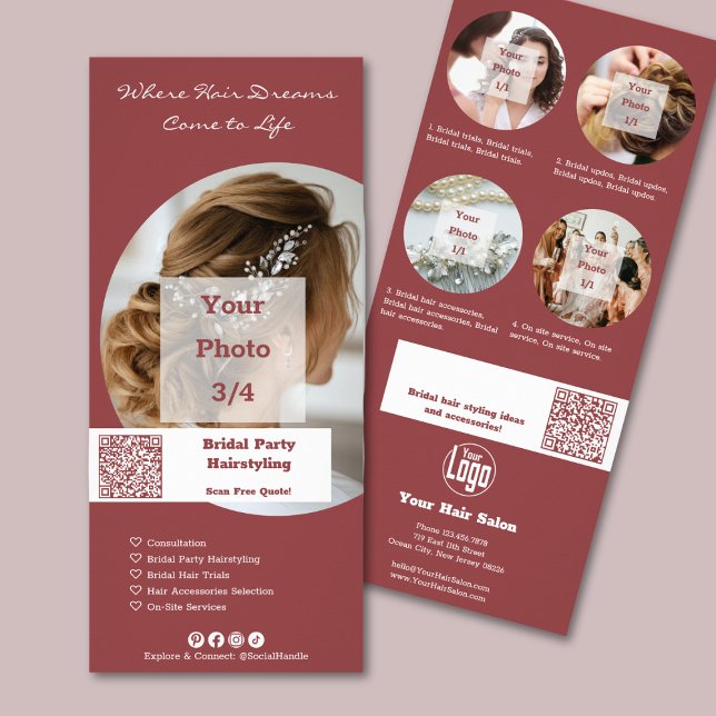 Panfleto Promoção Salão de Cabelereiro Penteados para Festa (Promotion Hair Salon Bridal Party Hairstyling Rack Card)