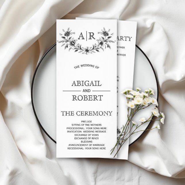 Panfleto Quadro floral preto com programa de casamento de m (Criador carregado)