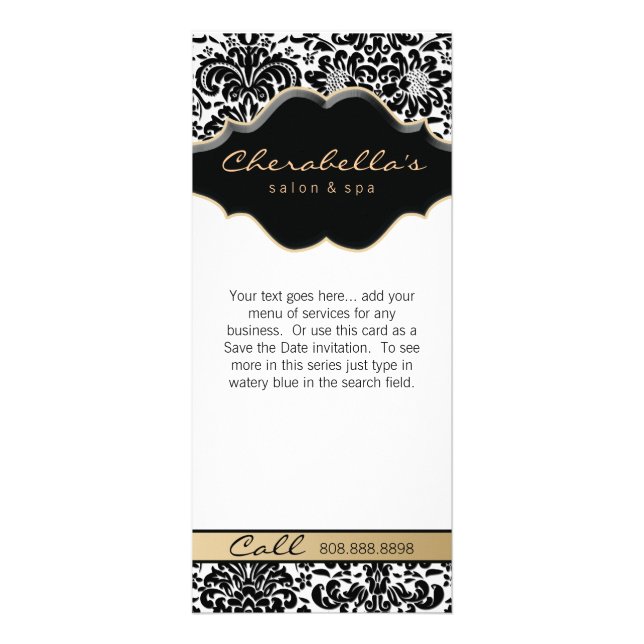Panfleto Rack Card Damask Beige Floral Salon Spa Fashion (Frente)
