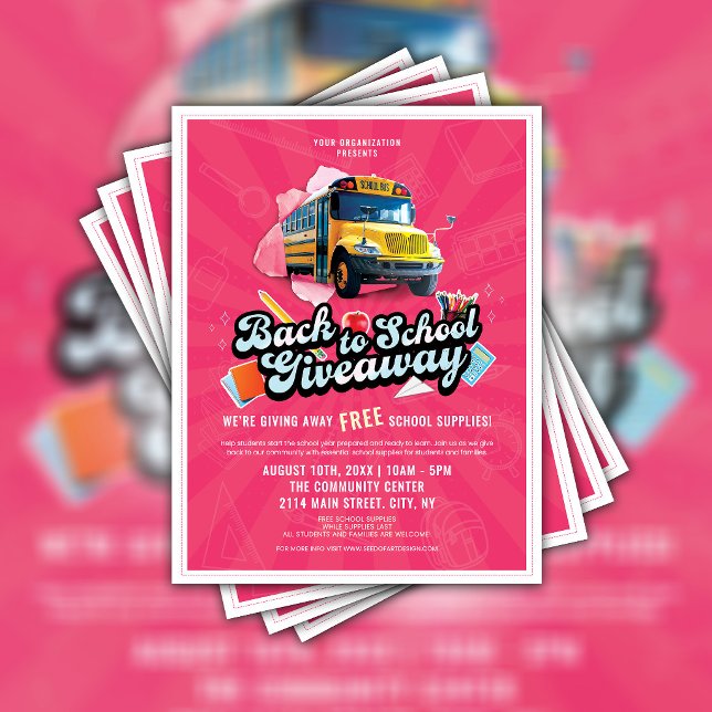 Panfleto Rosa de Volta às Aulas Ônibus Escolar Bri (Back To School Giveaway Flyer)