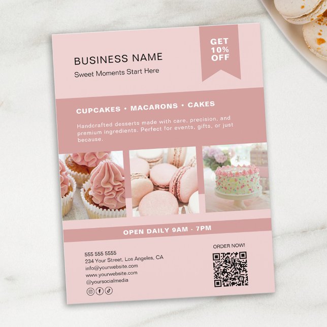Panfleto Rosa Padaria QR Foto Personalizada (Custom Photo QR Bakery Pink Flyer)