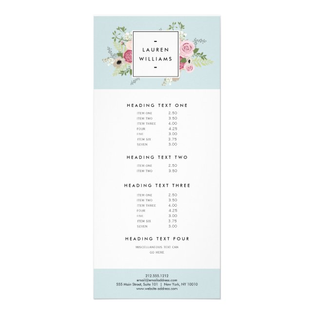 Panfleto Rosas Rosa Vintage em Azul Mint Antique (Frente)