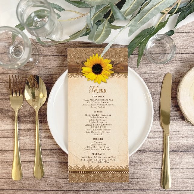 Panfleto Rustic Burlap Lace Wood Sunflower WedMenu (Rustic Burlap Lace Wood Sunflower Wedding Menu in situ.)