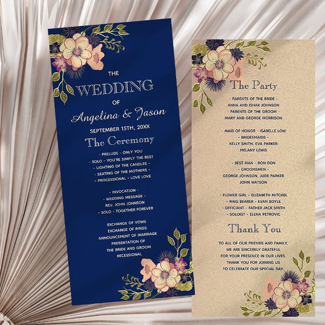 Panfleto Rustic Floral Navy Blue Wedding Program (Criador carregado)
