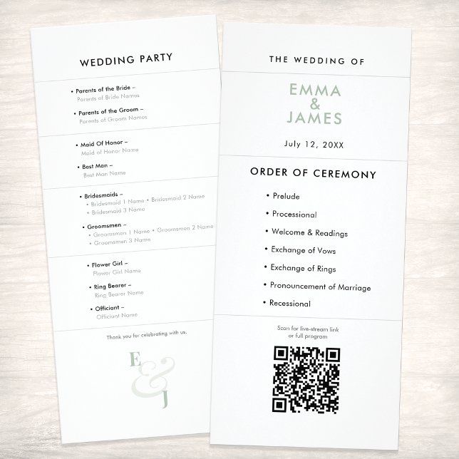Panfleto Sage Ampersand Casamento | Programa | Código QR (A Sage green minimalist wedding program featuring clean typography, signature ampersand and QR code.)