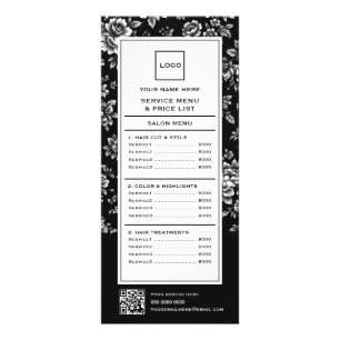Panfleto Salão de Cabelo Floral Preto e Branco Elegante