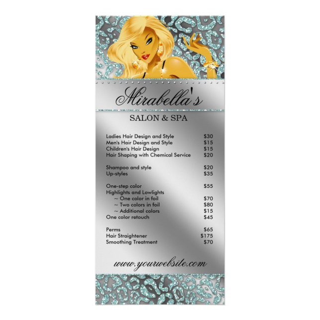 Panfleto Salon Rack Card Jewelry Tanning Teal Sparkle (Frente)