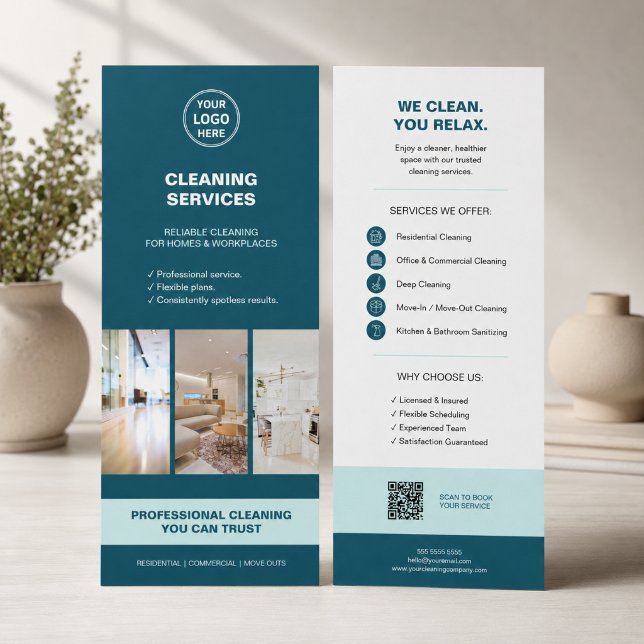 Panfleto Serviços Modernos de Limpeza Teal com QR (Modern Teal Cleaning Services with QR Rack Card
)