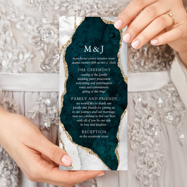 Panfleto Teal, Marble e White Dourado Programa de Casamento (Criador carregado)