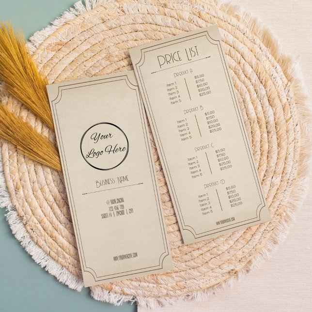 Panfleto vintage castanho com lista de preços de boutique d (Criador carregado)