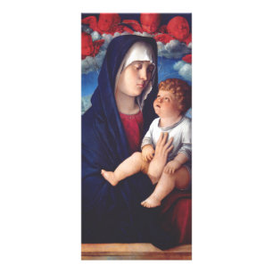 Panfleto Virgem Maria com Jesus bebê e cereias vermelhas