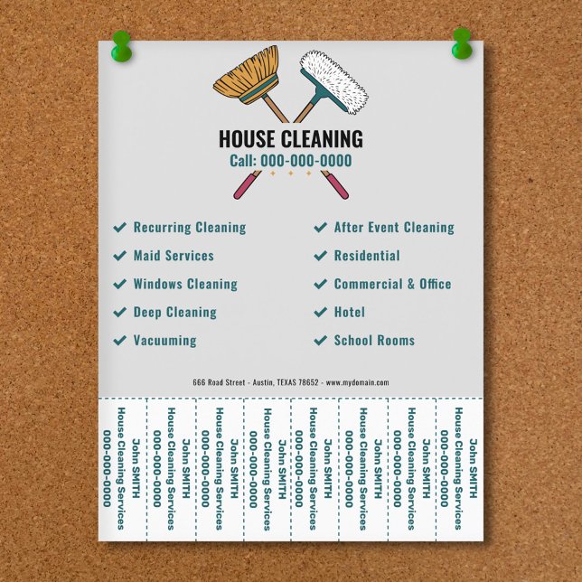 Panfletos de Listras de Rasgo para Limpeza de Casa (Brooms & House Cleaning Tear Off Strips Flyer)