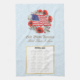 Pano De Prato 2026 Calendar Towel God Bless America Flag Poppies