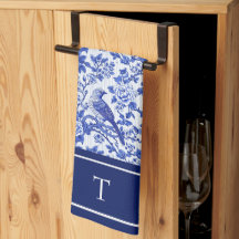 Azul Chinoiserie Floral Monograma de Pássaro