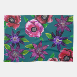 Pano De Prato Bold Anemone & Clematis Watercolor Kitchen Towel