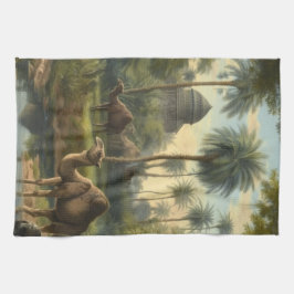 Pano De Prato Botânica: dromedários na selva perto de um rio