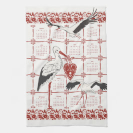 Pano De Prato Calendário 2026 Elegante Cigano Folk Stork Vermelh