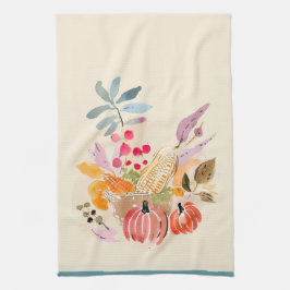 Pano De Prato Fall Harvest Watercolor Pumpkin & Corn Basket