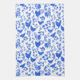 Pano De Prato Frangos de Arte Popular e Botânicos Modernos