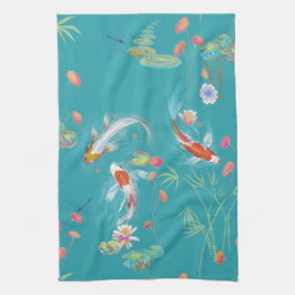 Pano De Prato Jardim Japonês Koi Pond em Teal Kitchen Towel