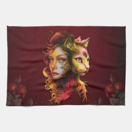 Pano De Prato O segredo da simbiose de uma mulher e de um gato,