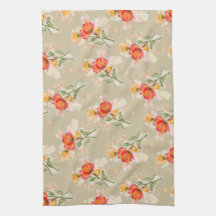 Orange Watercolor Florals Tea Towel