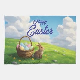 Pano De Prato Peaceful Easter Spring Meadow Bunny & Egg Basket
