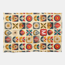 Pano De Prato Retro Folk Floral com Monograma Personalizado