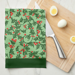 Pano De Prato Rustic Holly e Berry Holiday Patterno sobre Verde