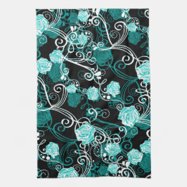 Pano De Prato Trendy Floral | Turquesa negra e rosas brancas