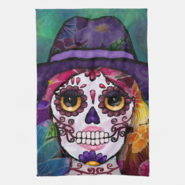 Pano De Prato Whimsical Abstract Floral Hippie Sugar Skull