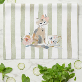 Pano De Prato Whimsical Watercolor Tea Time Cat Kitchen Towels