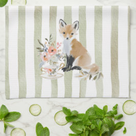 Pano De Prato  Whimsical Watercolor Tea Time Fox Kitchen Towels