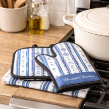 Panos de Cozinha Inspirados no Japão, Azul e Branc