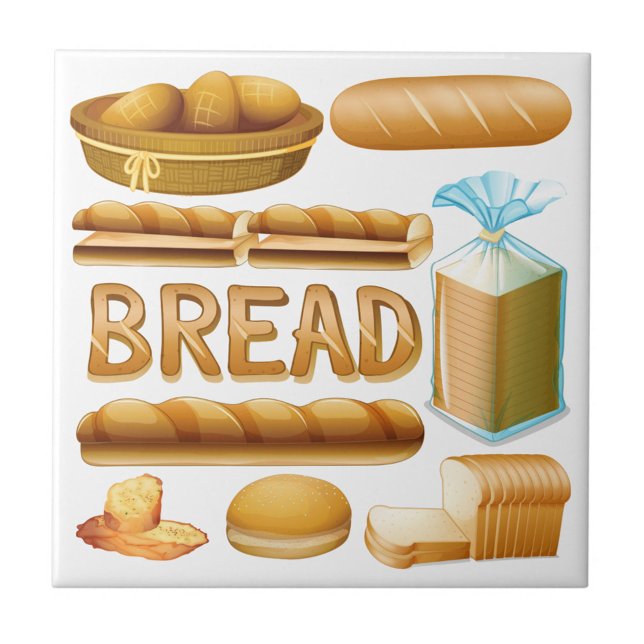 Pão (Illustration of a variety of breads, including a basket of rolls, a loaf of bread, sliced baguettes.)