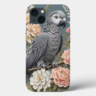 Papagaio-Cinza Africano Gordo Com Florais Elegante