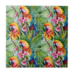Papagaios de cor clara e flores tropicais