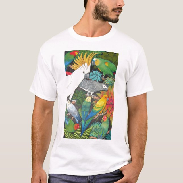 Papagaios e camisa de Bromeliads T (Frente)