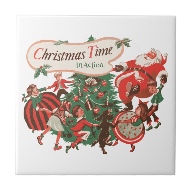 Papai Noel de Natal Vintage e Crianças Dançando (Frente)