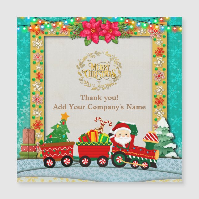 Papai Noel em trem com presentes e árvore de Natal (Frente)