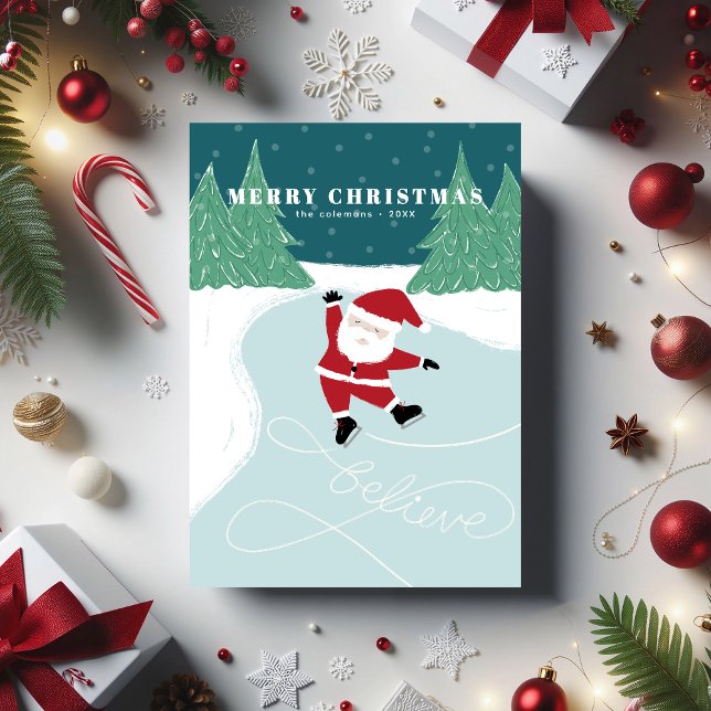 Papai Noel Patinando no Gelo - Cartão de Férias Pl (Flat Christmas card with Santa ice-skating on a lake. Illustrated by Clearlytangled Studio.)