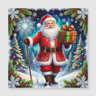 Papai Noel segurando um presente em meio ao invern