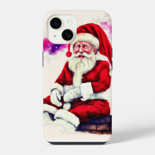 Papai Noel sentado no muro de tijolos com nuvens 
